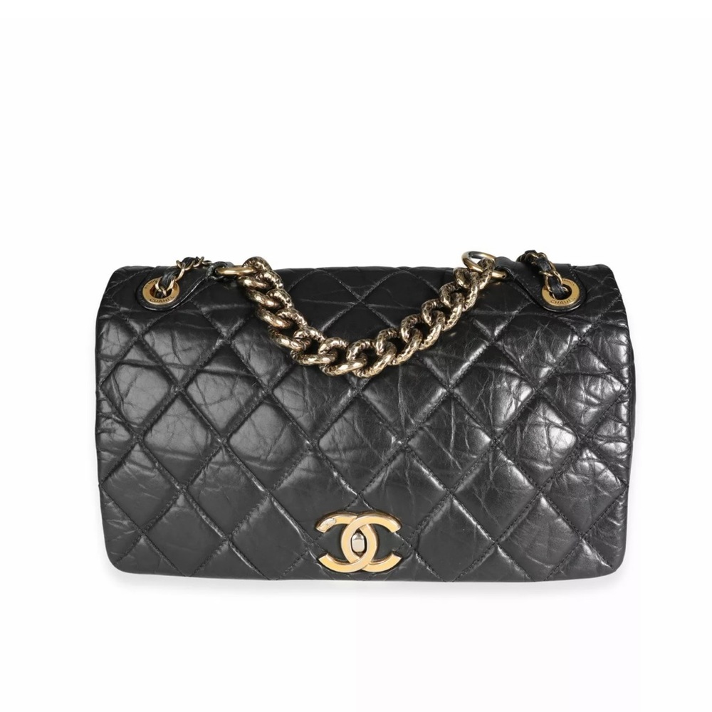 Chanel Paris-Bombay Black Aged Quilted Calfskin Pondicherry Flap Bag